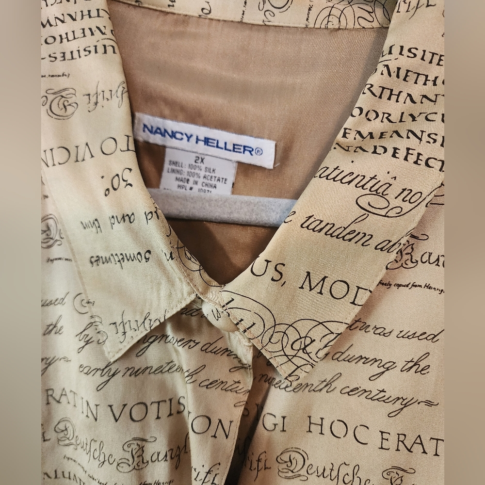 Women's Nancy Heller Vintage Script 100% Silk Button-Up Shirt Jacket Size 2X - Picture 2 of 11